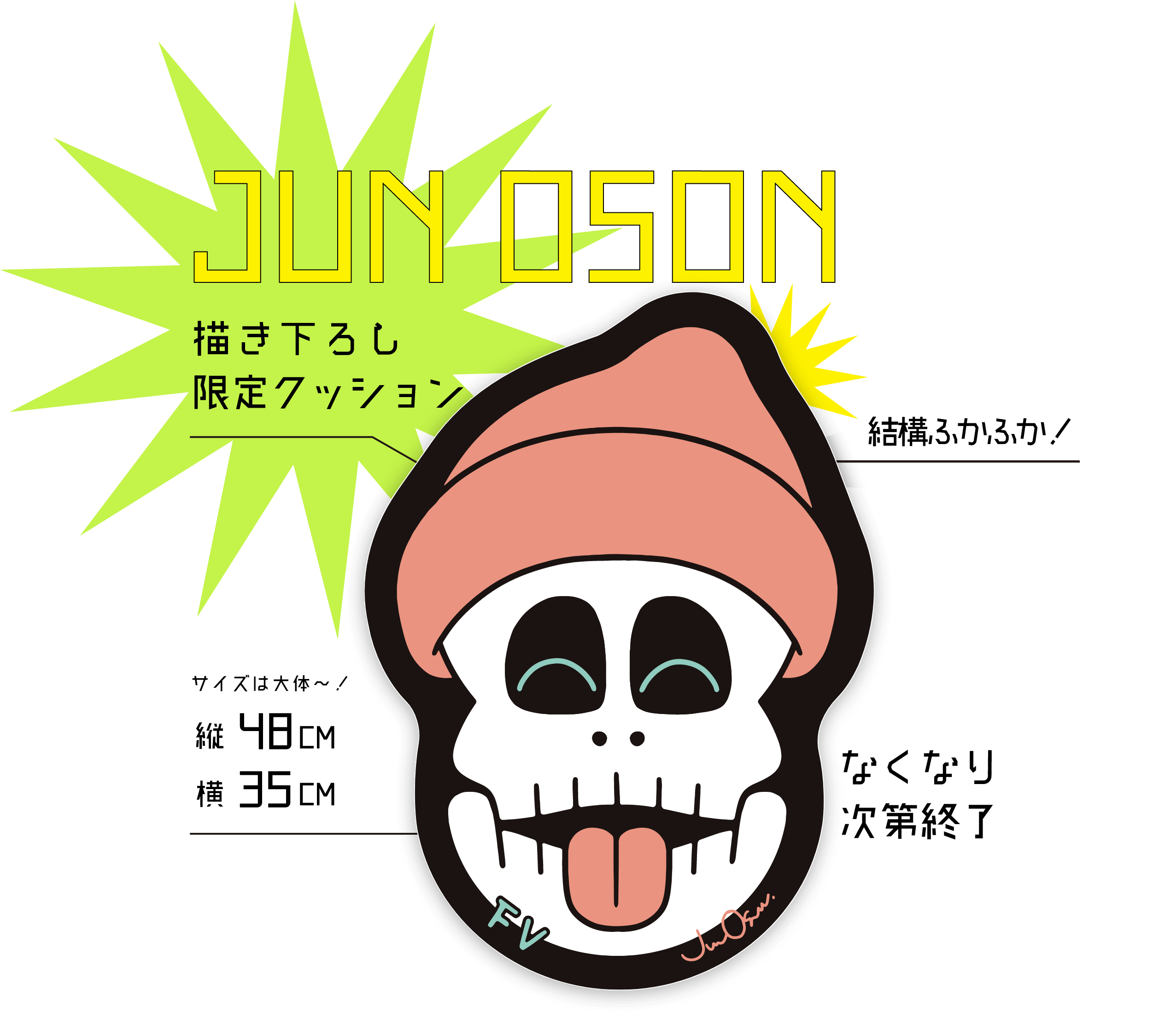 JUN OSON 描き下ろし限定クッション 結構ふかふか！サイズは大体～！縦48CM横35CM なくなり次第終了